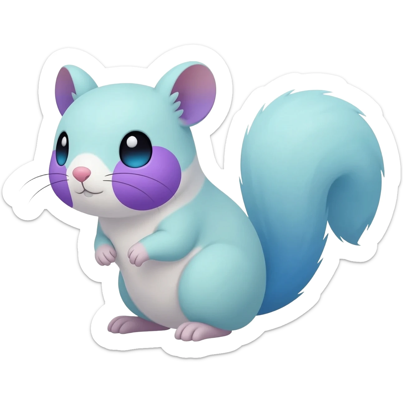 Light-pastel-Cyan-white-blue-gradients electric type rodent-chinchilla-squirrel-gerbil-jerboa-Pachirisu-Minccino-Pokémon-Fakémon-fusion-hybrid-Pokémon-animal-creature, full body with purple-violet-pinkish round cheek markings  sticker