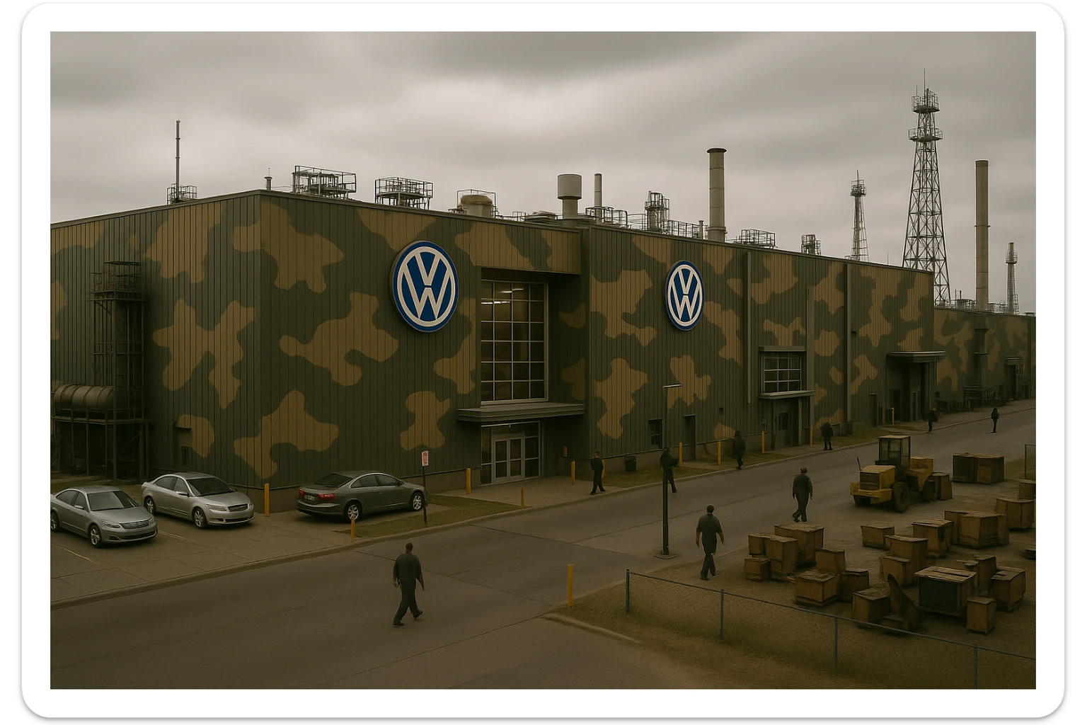 Realistic Volkswagen factory exterior, large industrial building with one Volkswagen logo, parking lots filled with cars, factory grounds with machinery and equipment, realistic lighting and shadows, industrial atmosphere, workers in uniforms walking around, camouflage colors, focus on the factory building in camouflage colors sticker