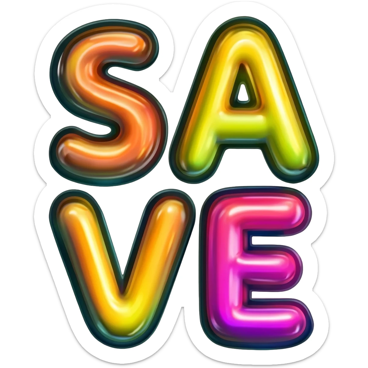 Bubble letters in Bright color and outlined in black, word SAVE sticker