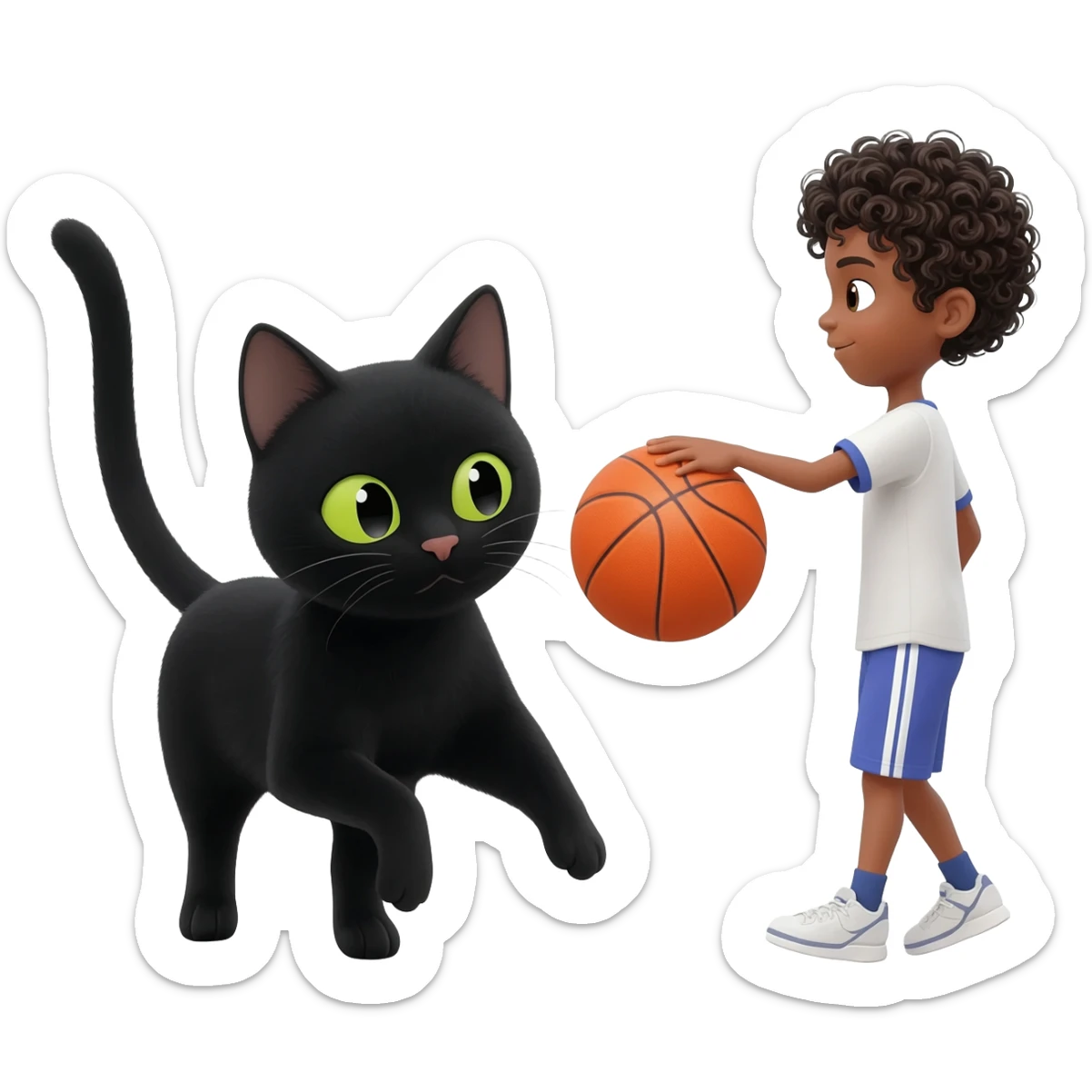 Black cat playing with orange basketball and a little white boy with curly black hair sticker