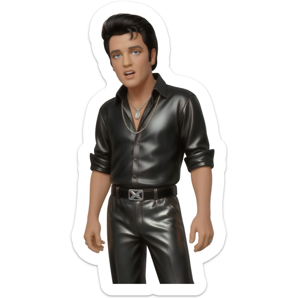 Elvis Presley with blue eyes, black hair, black metallic shirt, black metallic baggy pants, silver necklace sticker