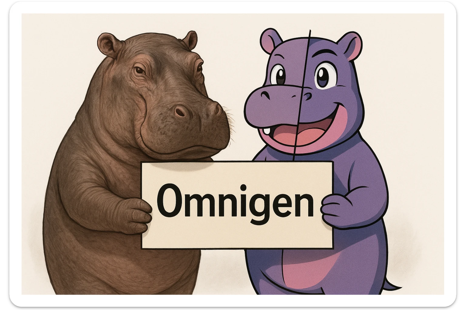 two hippo holding sign of omnigen, half picture 1 hippo is realistic another half is the anime of that same second hippo sticker