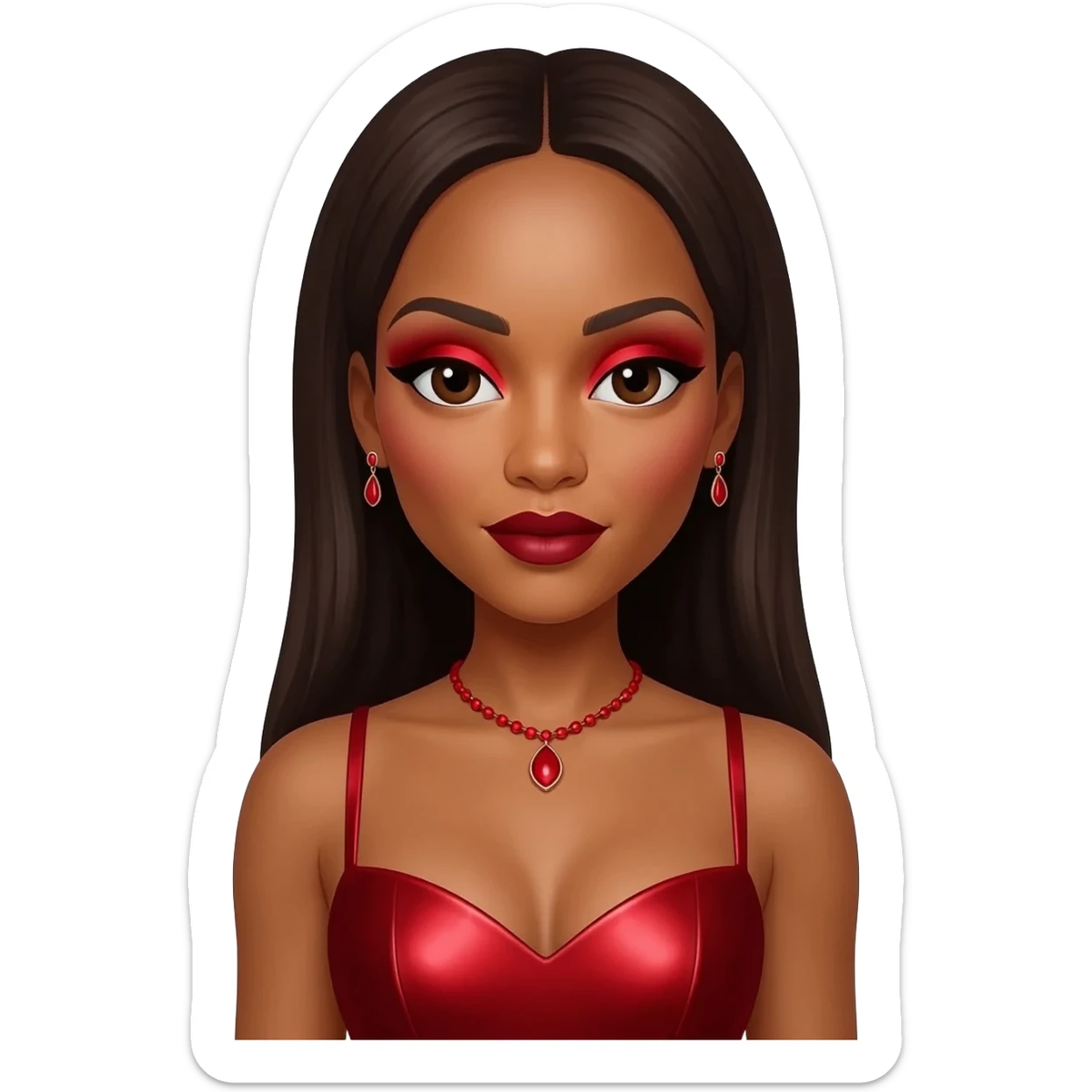 Kelly Rowland with dark brown eyes, long dark brown hair, red eyeshadow, dark red lipstick, red metallic sweetheart dress, red necklace and earrings sticker