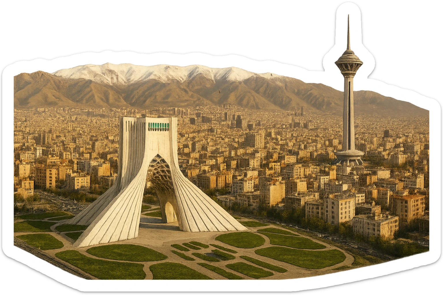 cinematic realistic emoji of Tehran, wide city view with iconic landmarks Azadi Tower, Milad Tower, Alborz mountains in background, lifelike detail, accurate colors, bright daytime lighting, fully transparent background, no sky, no clouds sticker