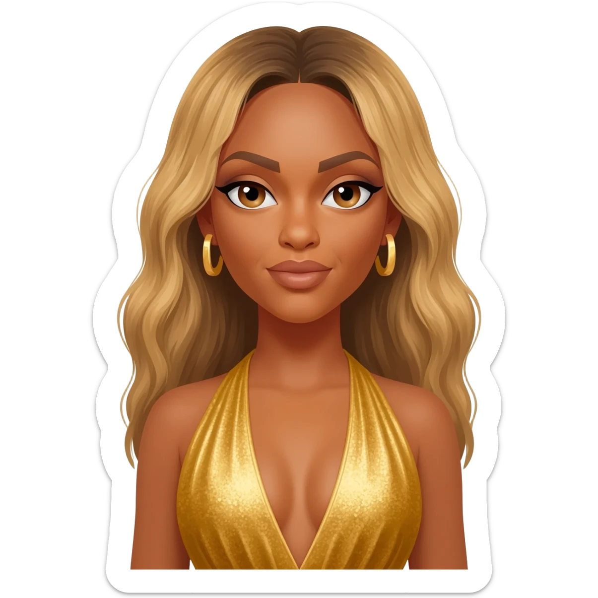 Beyonce with hazel eyes, long blonde hair, gold dress, gold earrings sticker