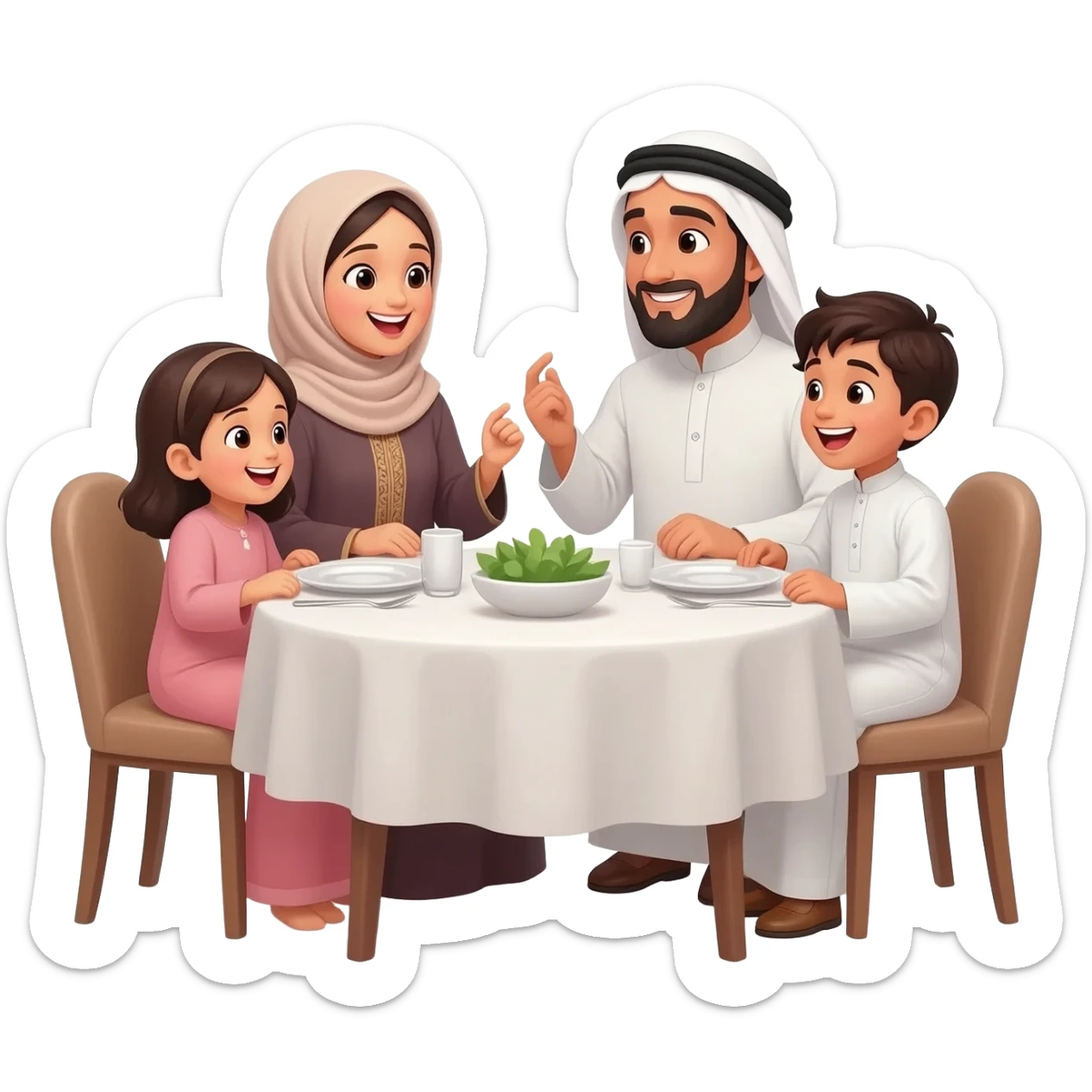 islamic family sitting on table; mother wearing hijab; father with beard and islamic clothes; little girls no hijab and one little boy; kids wearing traditional clothes and talking happily to each other sticker