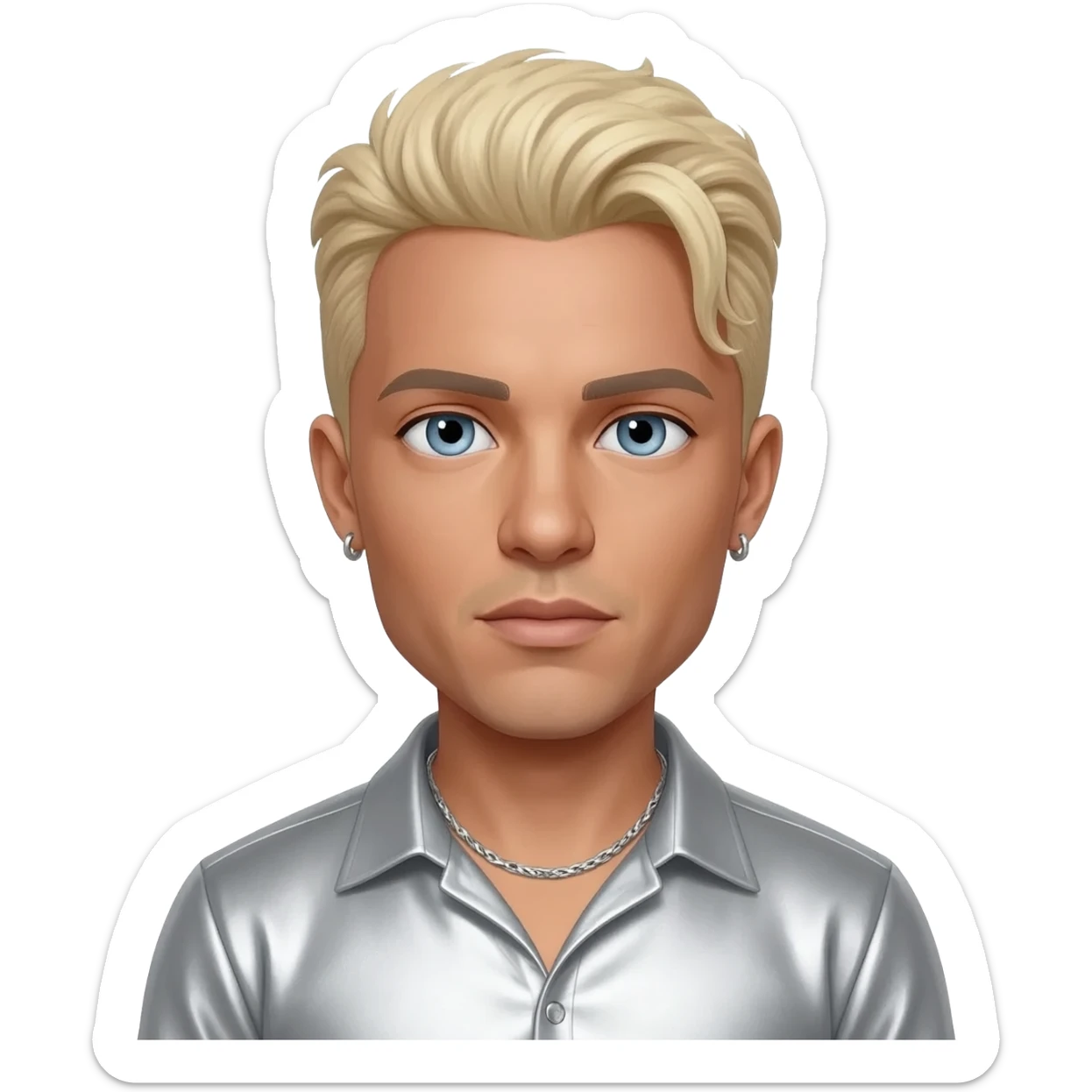 Vanilla Ice with light skin,blue eyes, sandy blonde hair, silver metallic shirt, silver necklace and short earrings sticker