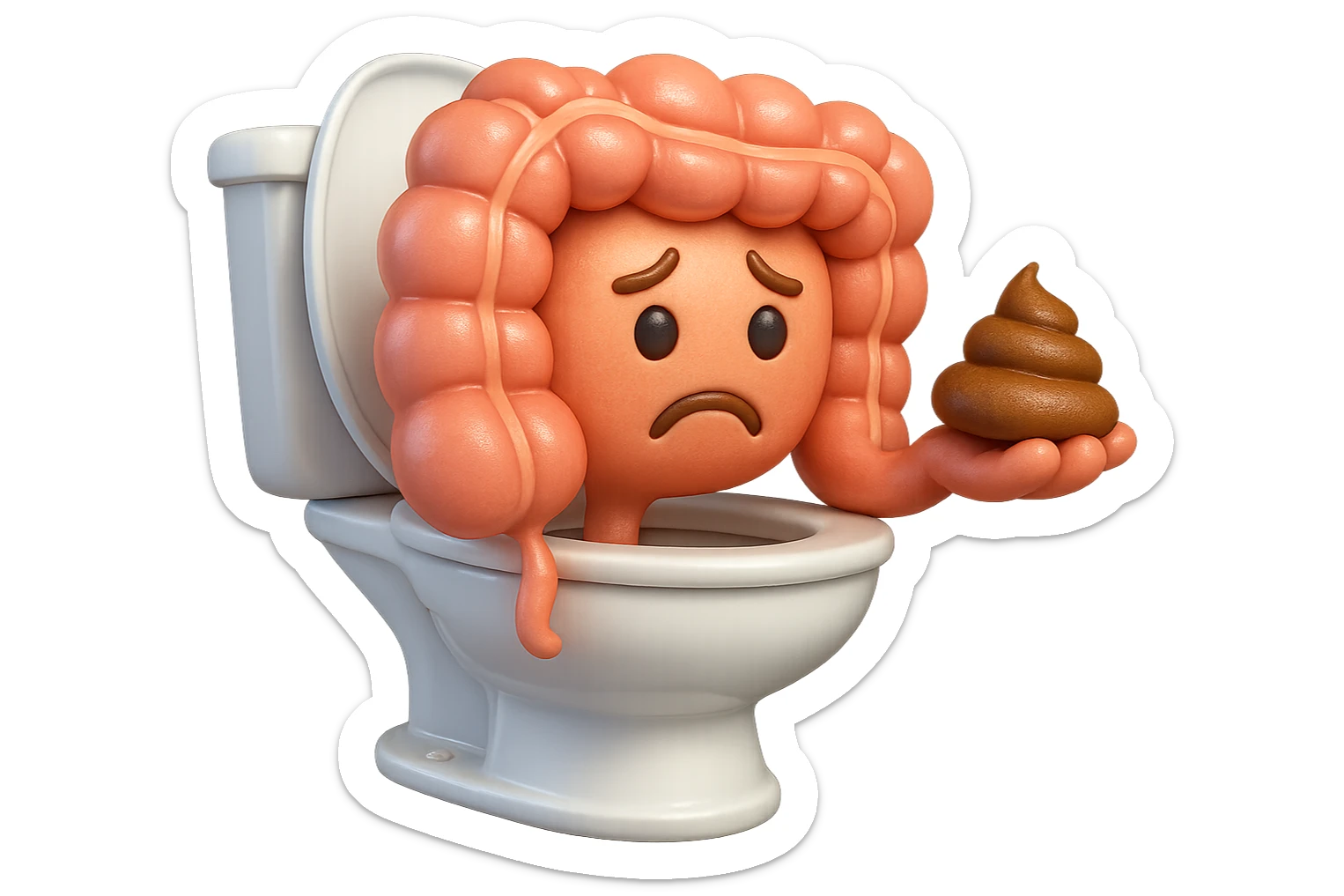 emoji stile iphone di un intestino realistico 3d che esce dal wc con in mano una montagnetta di feci con espressione triste a palline, iperrealistico 4k sticker