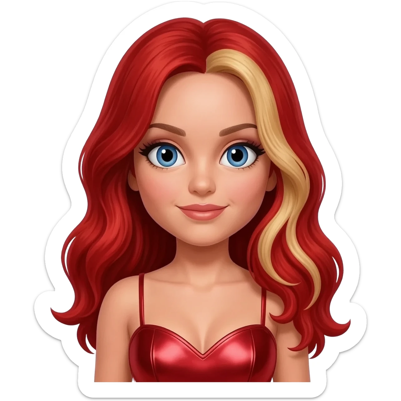 Baby Spice from Spice Girls with blue eyes, long red hair with blonde highlights, red metallic sweetheart dress sticker