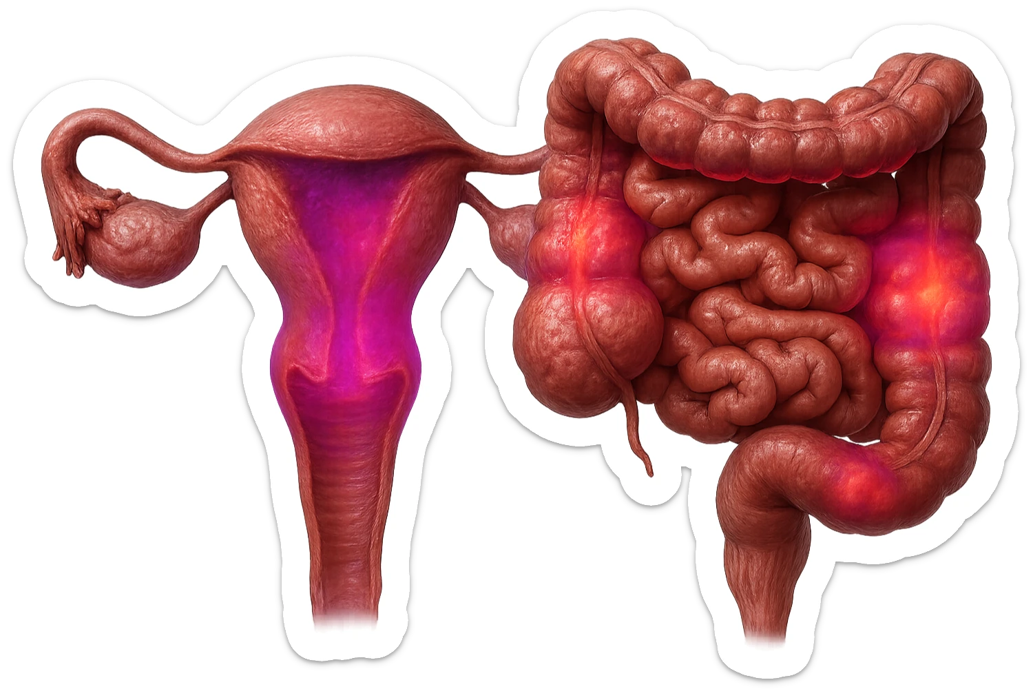 utero umano anatomico iperrealistico e intestino umano anatomico iperrealistico hanno in comune il dolore e l'infiammazione, rendi bene il collegamento tra i due organi doloranti, falla iperrealistica, non disegnata, fai colori che si adattano a questo viola #971ef1 sticker