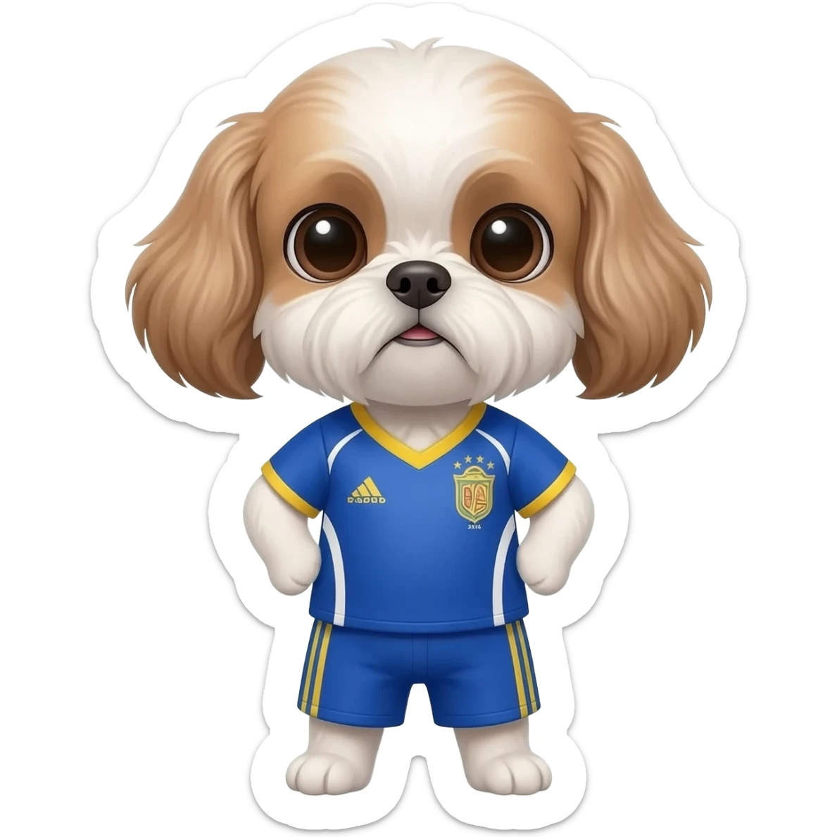 white and light brown shih zhu wearing a Panama soccer jersey v neck 2026 work cup sticker