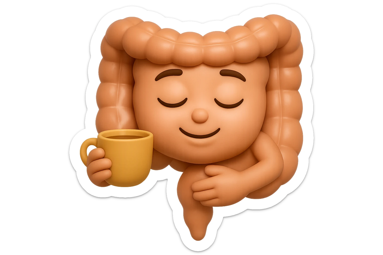 emoji stile iphone 3d di intestino umano sereno che si tocca la pancia mentre sorseggia un thè alle erbe, iperrealistico 4k sticker