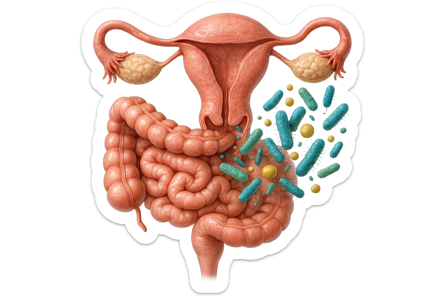 UTERO UMANO E INTESTINO ANATOMICI REALISTICO CON BATTERI CHE ESCONO DALL'INTERNO, IPERREALISTICO 4K sticker