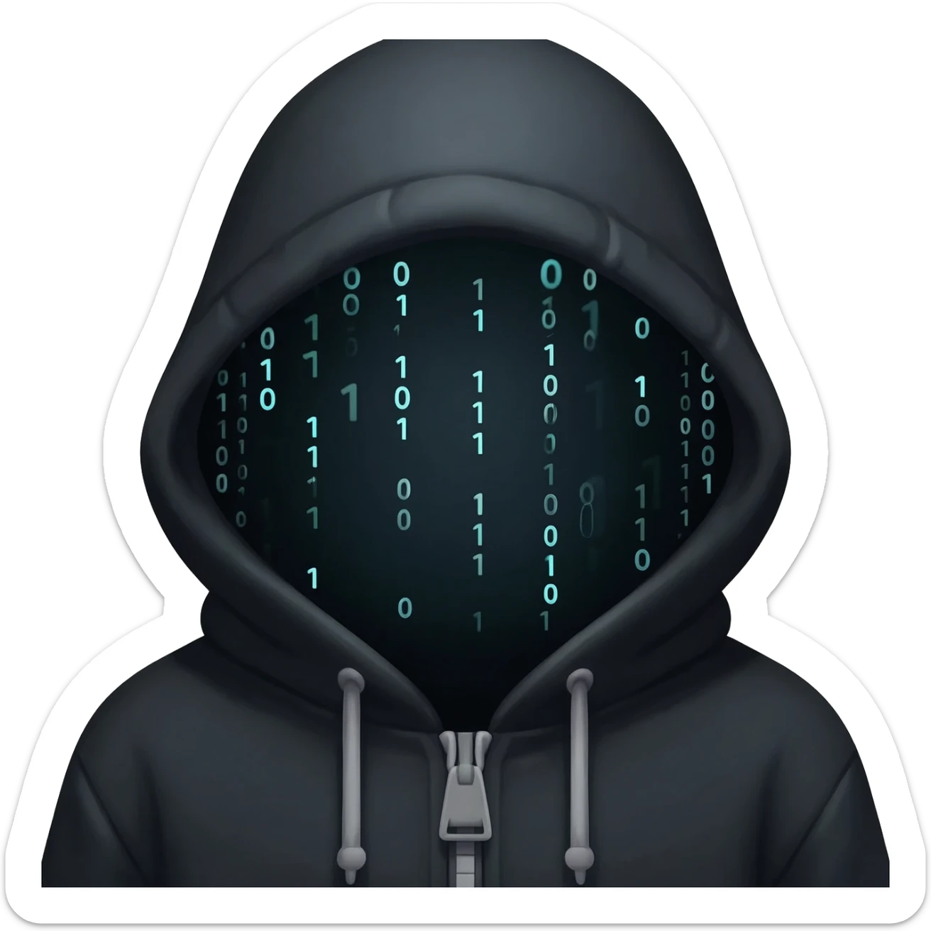 Binary system and "hacker" look, wearing a hoodie with the hood on, hide the hair under the hood, the hoodie is natural and black, no mask. Make it oriented around the numbers 0 and 1. sticker