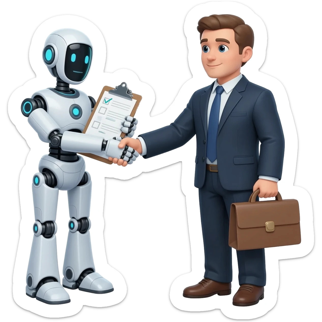 Emoji-style AI assistant robot holding a clipboard with checkmarks and passing it to a business person. Represents a smooth sales-to-customer-success handoff. Clean, friendly, professional emoji style with simple shapes and bright colors. sticker