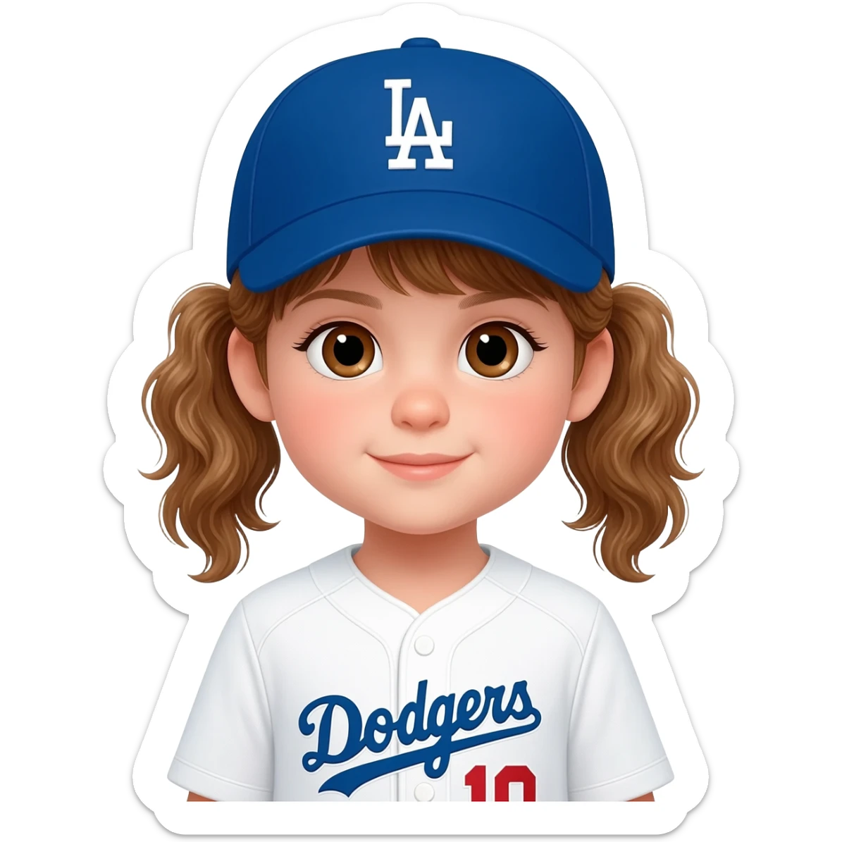 toddler girl in a white dodgers uniform with baseball cap with light brown wavypigtails and brown eyes sticker