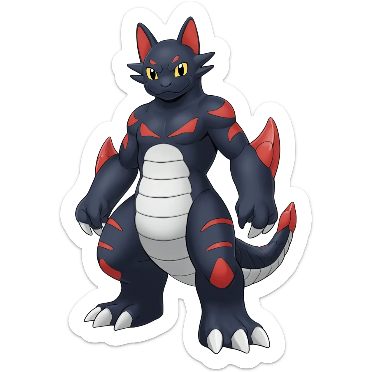midnight blue-gray-black, with red markings, white belly, scaley Bastet-Noibat-Gatomon-Garchomp-Digimon-Fakémon-Pokémon-creature (full body) sticker