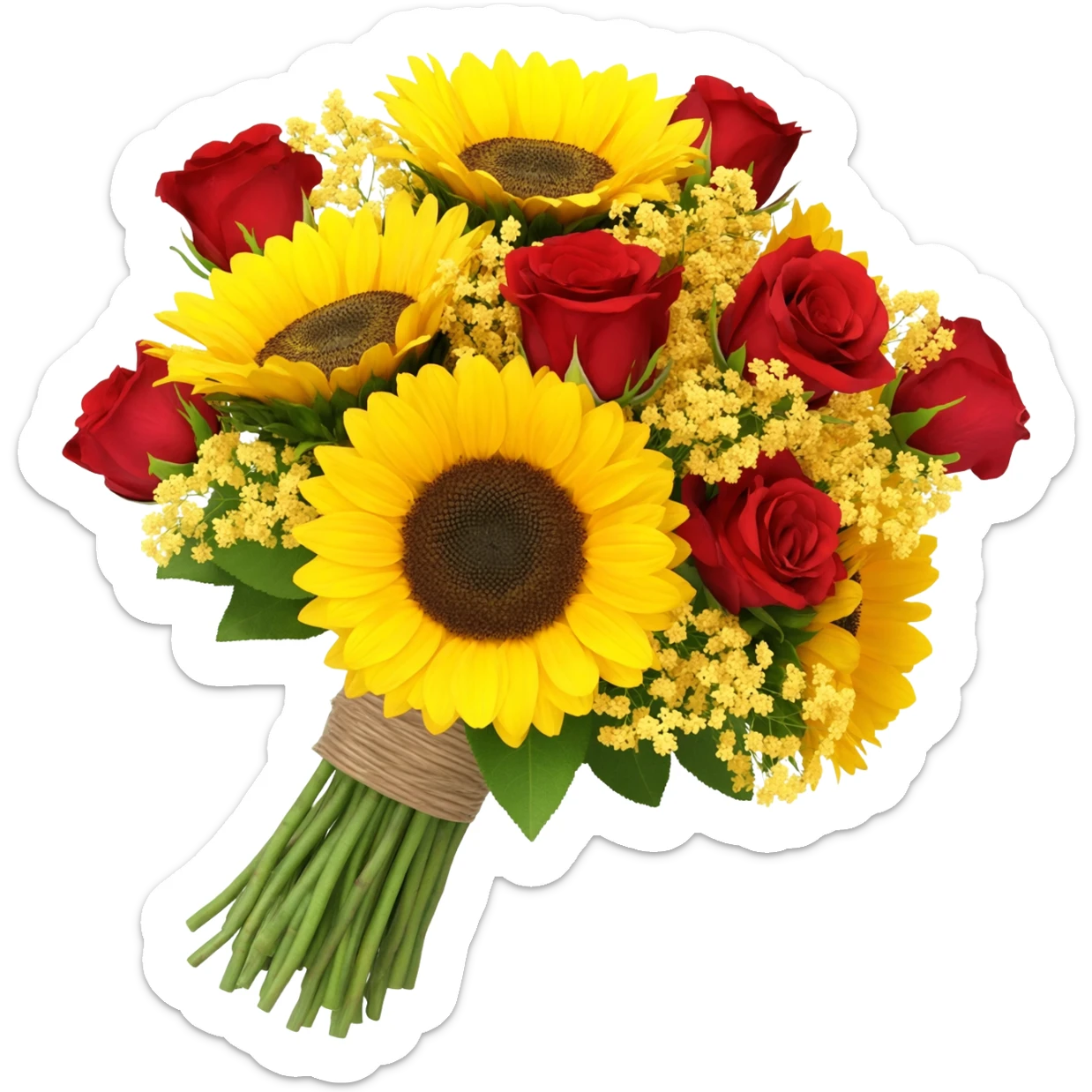 Bouquet of flowers in a Bouquet with sunflowers, roses, with yellow babysbreath sticker