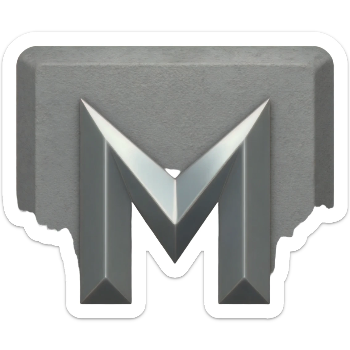 Minimalist 3D emoji based on image_e44ce5.png: massive polished chrome geometric 'M' raised metal relief, integrated central on deeply impressed bare heel in rough grey concrete. Harsh shadows, high contrast. Isolated on white --no background sticker