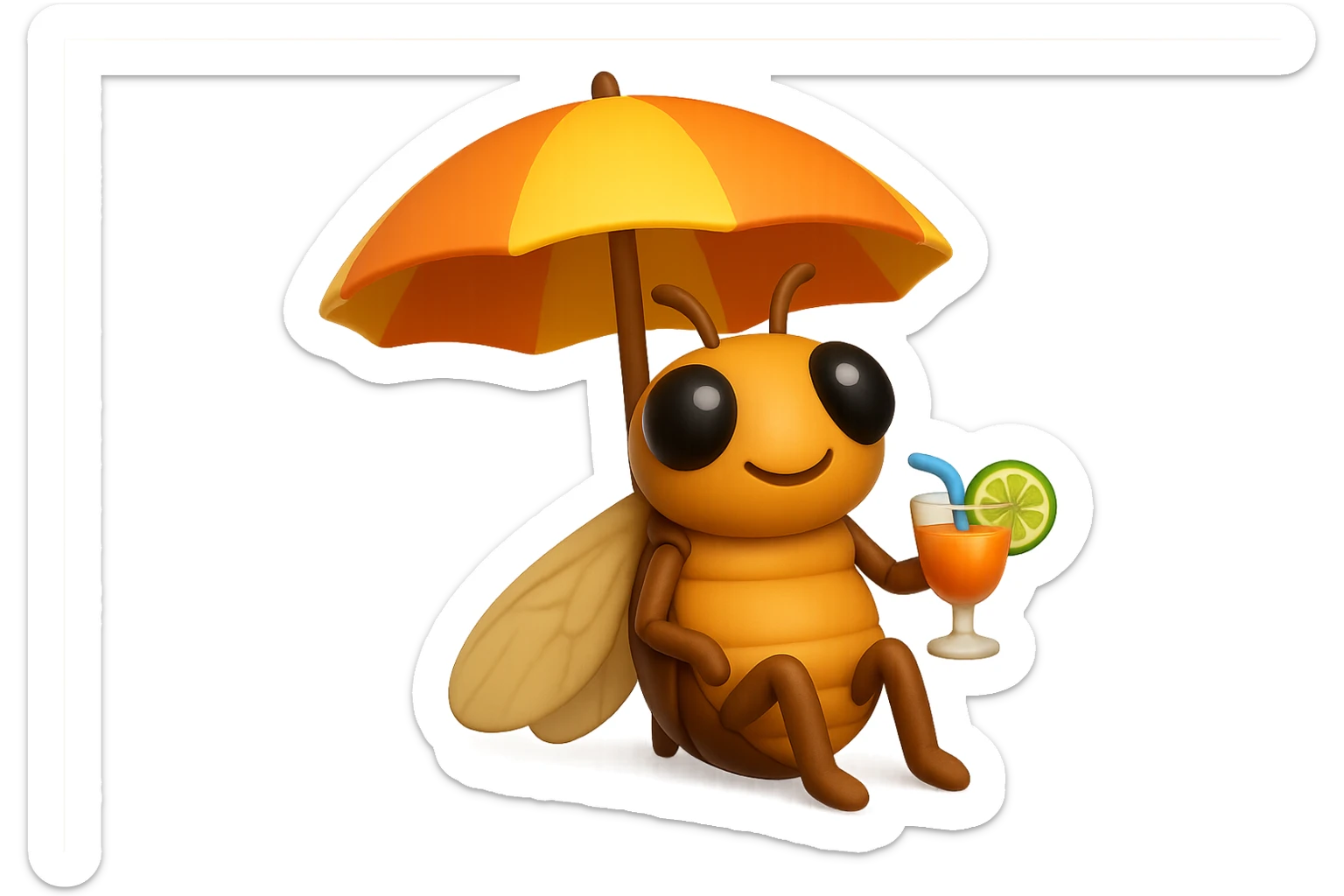 EMOJI STILE IPHONE 3D DI UNA CICALA CHE STA RILASSATA SEDUTA SOTTO L'OMBRELLONE IN SPIAGGIA CON UN COCKTAIL IN MANO sticker