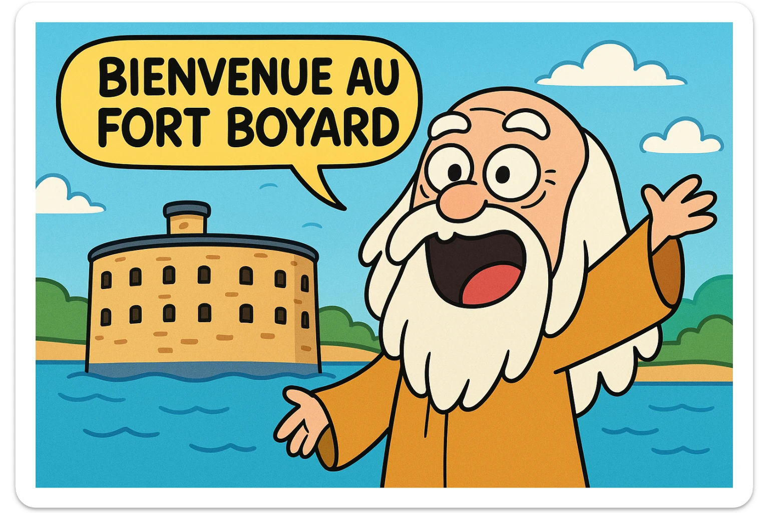 Père fouras  de fort boyard qui cri bienvenue au fort boyard // style enfantin dessin animé cartoons américain style gumball (  sticker