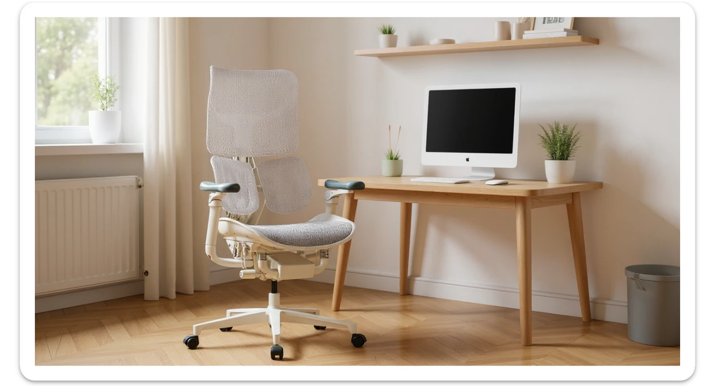 Editorial shot, Make this chair next to desk with mac setup, minimalistic room, bright and warm sticker