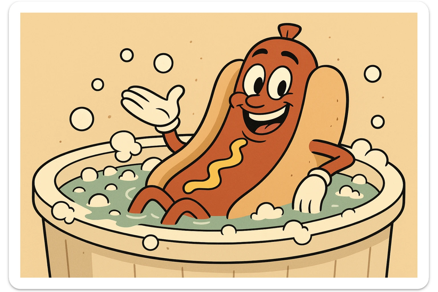 a smiling hotdog character lounging in a bubbly hot tub, cartoon style sticker