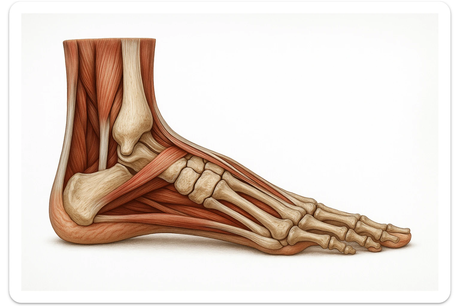 PIEDE UMANO ANATOMICO CON PIANTA PIATTA, VISTO DI PROFILO, CON FASCI MUSCOLARI E OSSA VISIBILI, REALISTICO 4K SFONDO BIANCO sticker