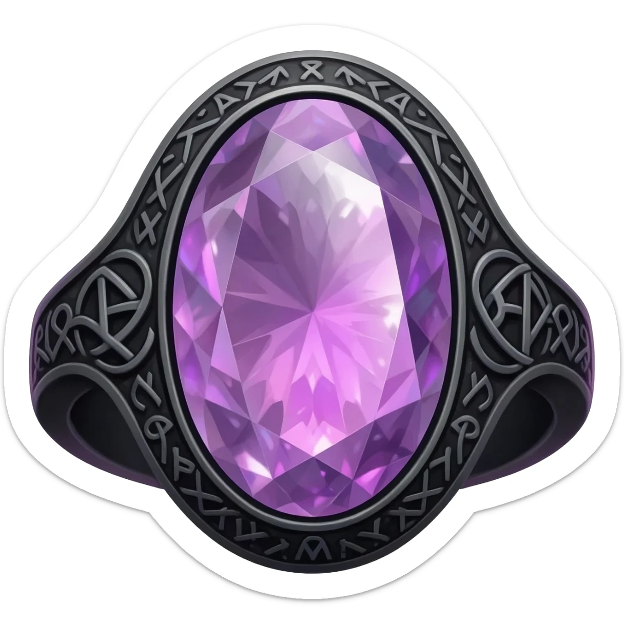 A Obsidian ring, With a glowing Rhodonite crystal in the center, with intricate pagan runes carved into the sides that glow purple sticker