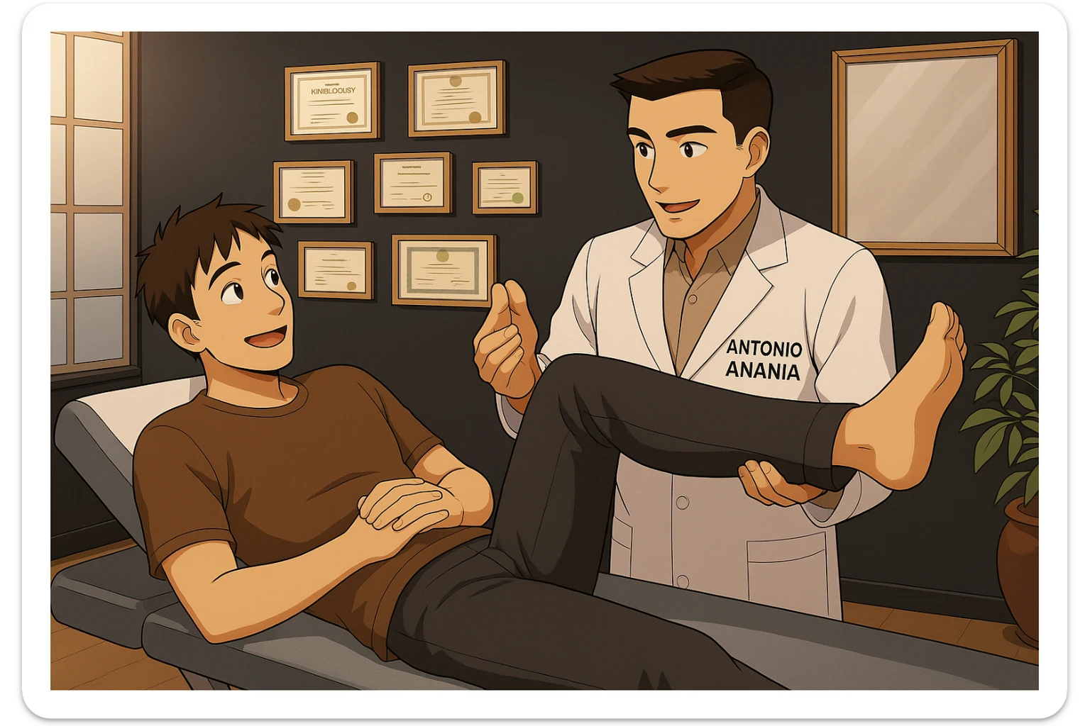 su questo lettino rappresenta un webtoon manga a colori con questo stile, in cui un uomo è steso sul lettino medico e il kinesiologo con il camice bianco (fagli anche la scritta "ANTONIO ANANIA" SUL CAMICE, gli solleva una gamba per fargli il test neuromuscolare, IL KINESIOLOGO SPIEGA ALL'UOMO UNA cosa mentre gli alza la gamba. l'espressione dell'uomo è felice e soddisfatta, non fare i fumetti però, fai solo in modo che sembri stiano parlando sticker