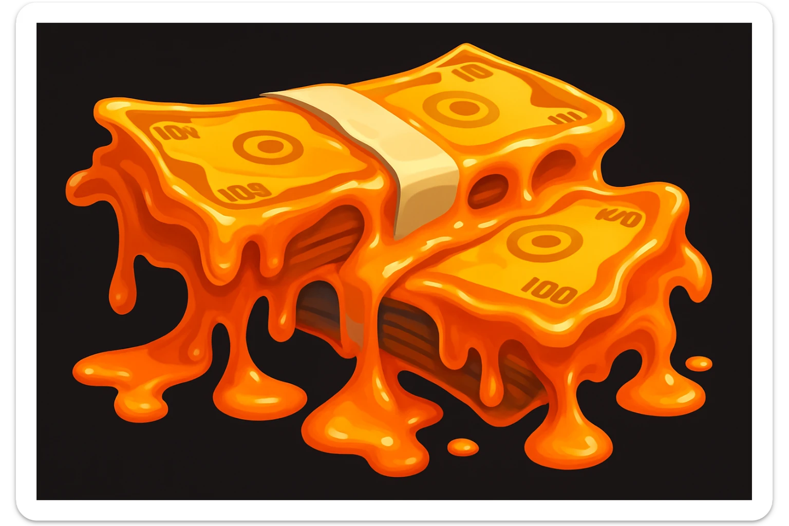 Transform the stacks of money into a scene where the money is flowing like lava, with a molten, liquid effect that is vibrant and dynamic, but still recognizable as money. Keep the style similar to the original image, emphasizing the flowing, molten money effect with rich colors and fluid motion. sticker