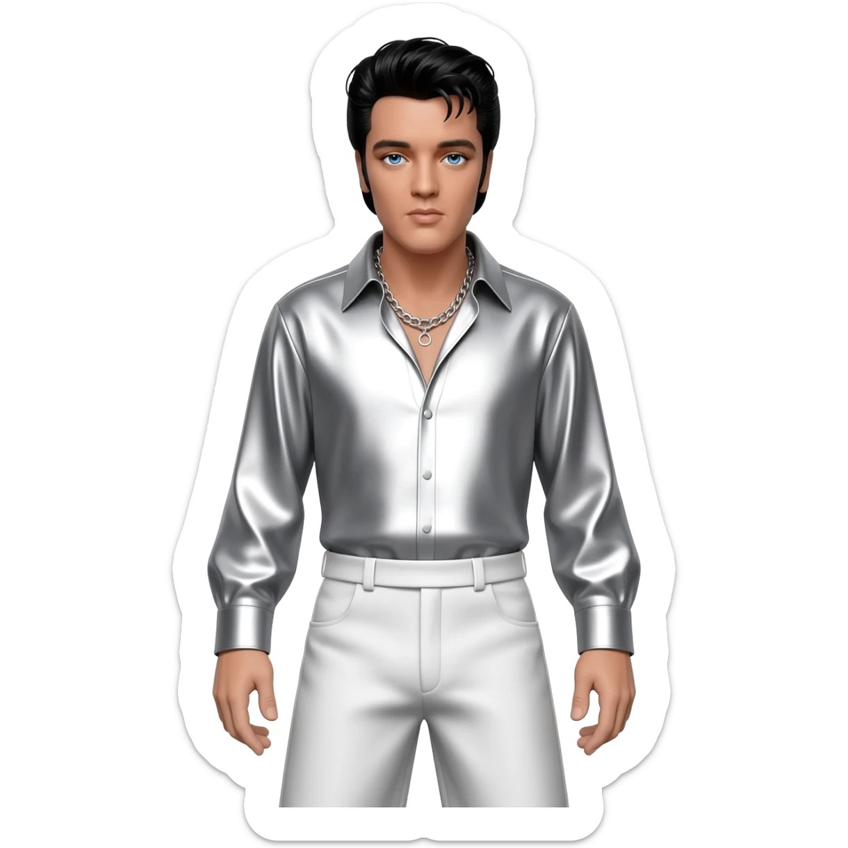 Elvis Presley with blue eyes, black hair, white metallic shirt, white metallic baggy pants, silver necklace sticker
