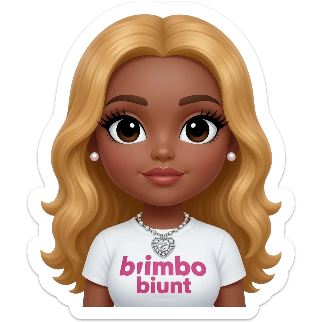 doll body , dark brown eyebrows, dark skin girl, pearl earring stud, Long giant lashes, Doll faced shaped,swarovski heart with Rhodium plated pearls necklace, bimbo, black doll eyes, barbie, dark brown skin, with honey blonde hair, big breast, t shirt says “b1mbo b1unt” sticker
