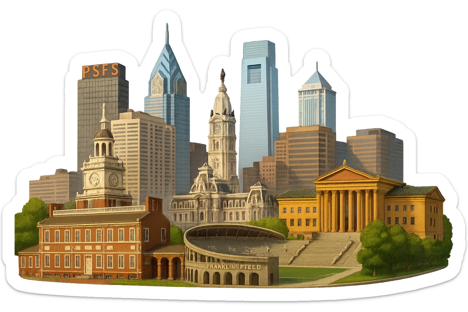 cinematic, realistic emoji of Philadelphia, wide city view featuring only real, iconic landmarks including Independence Hall, Philadelphia Museum of Art with the Rocky Steps, city skyline, City Hall tower, landmark PSFS building, Franklin Field Stadium, lifelike detail, accurate colors, bright daytime lighting, fully transparent background, no sky, no clouds, no imaginary or generic buildings, no giant Liberty Bell sticker