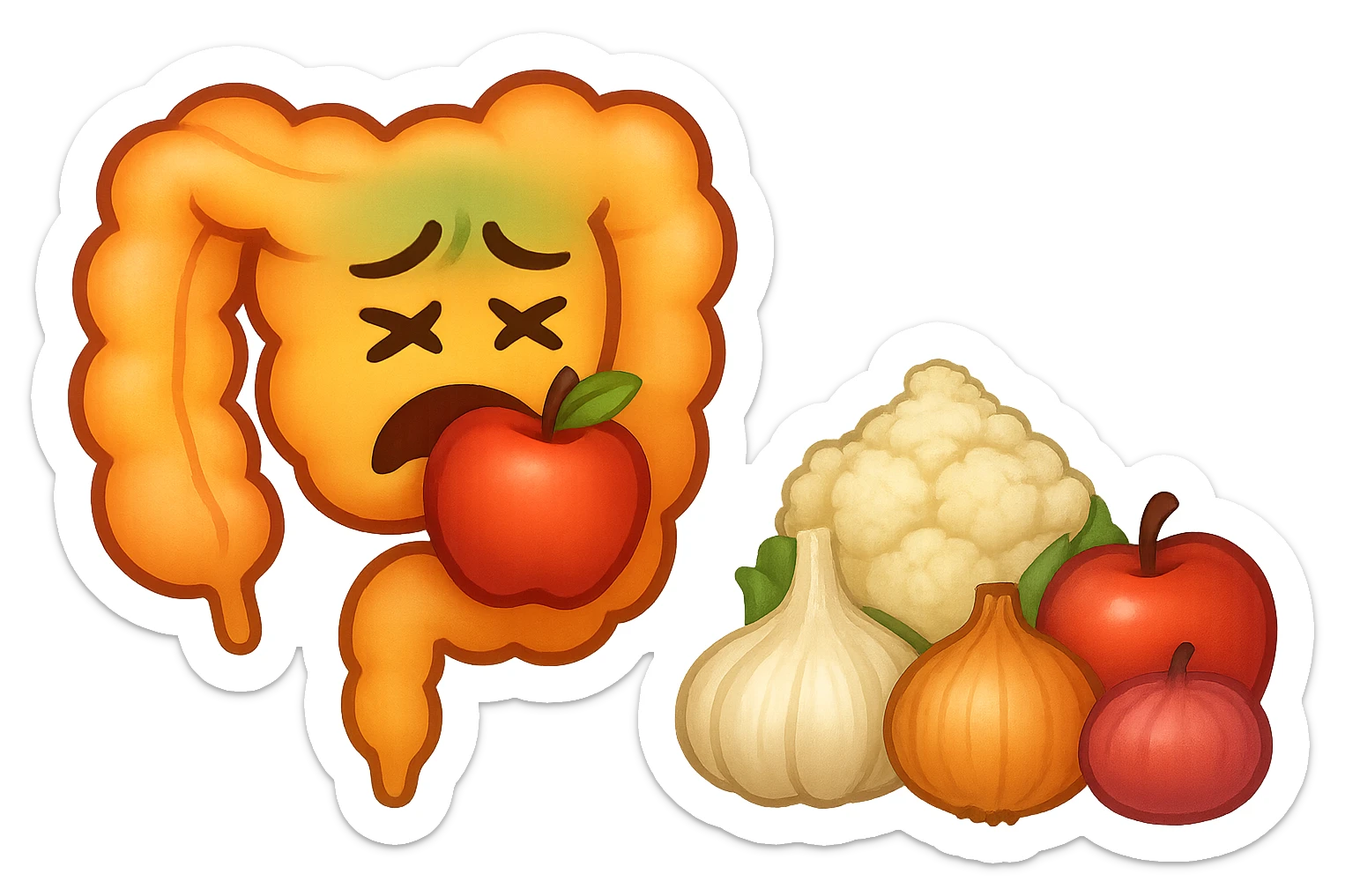 EMOJI STILE IPHONE DI UN INTESTINO UMANO IN CRISI PERCHé STA MALE, IN BOCCA HA UNA MELA E DAVANTI A LUI C'è UNA MONTAGNA DI aglio, cipolle, cavolfiore e mele sticker