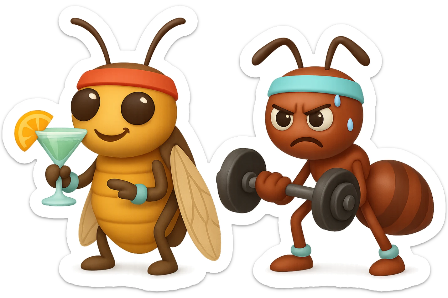 EMOJI STILE IPHONE 3D DI UNA CICALA E UNA FORMICA IN ABITI FITNESS, LA CICALA HA IN MANO UN COCKTAIL MENTRE LA FORMICA HA IN MANO UN MANUBRIO DA PALESTRA. L'IMMAGINE RAPPRESENTA IL FATTO CHE LA FORMICA VOGLIA IMPEGNARSI REALMENTE PER CAMBIARE IL SUO FISICO MENTRE LA CICALA SI VUOLE DIVERTIRE E NON CONCLUDE NULLA ALLA FINE sticker