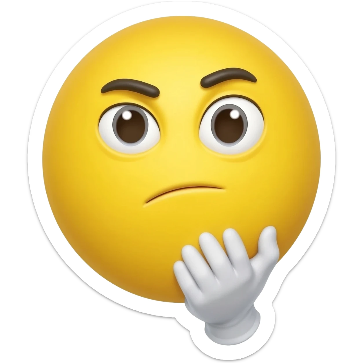 The emoji has a round yellow face with a slightly skeptical expression 
Its eyebrows are raised, and the eyes are looking sideways, which gives the feeling that it’s judging or thinking
One white-gloved hand is placed under its chin, 
The mouth is slightly curved sticker