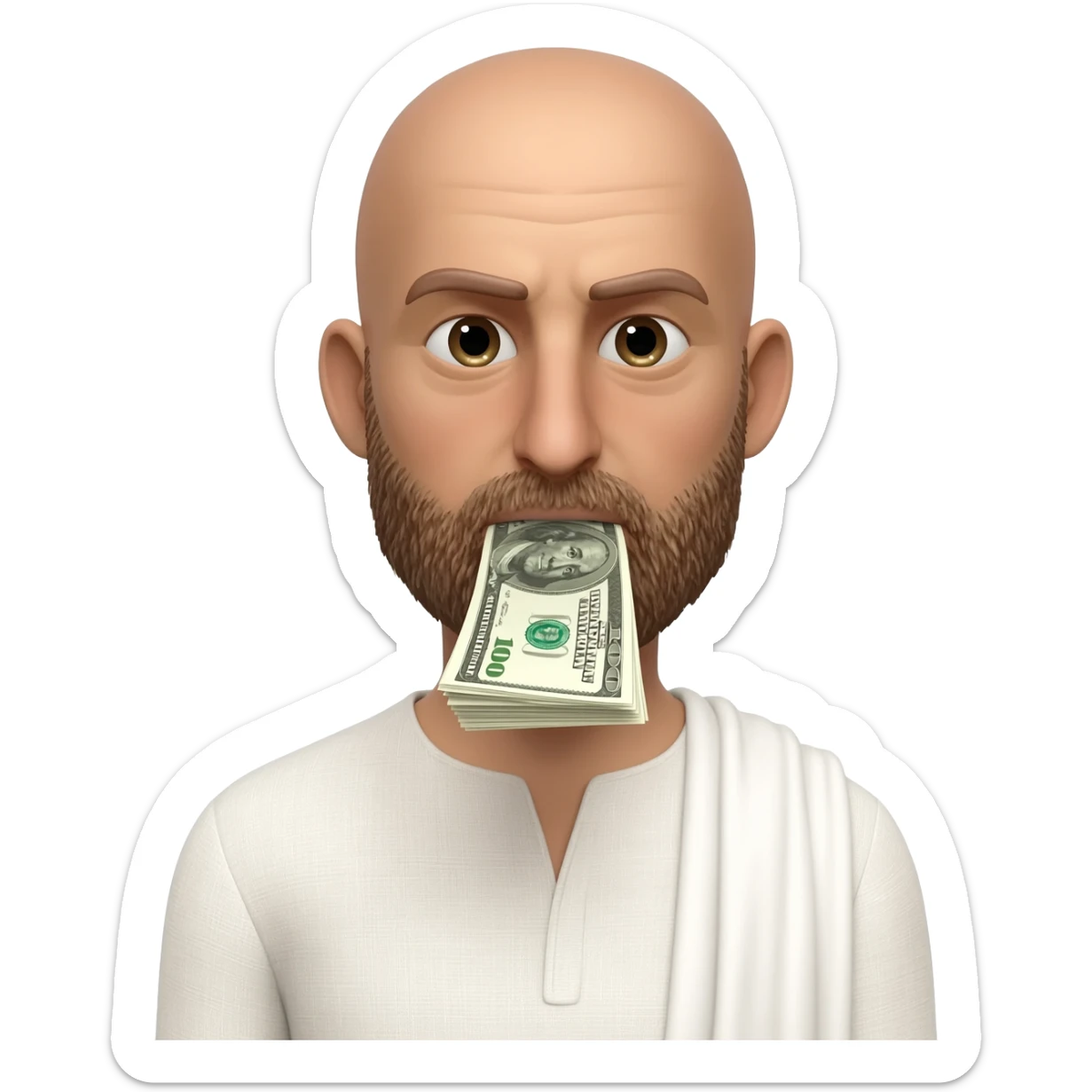 A picture of a bald Greek man a little heavy set sucking up dollars as the go by sticker