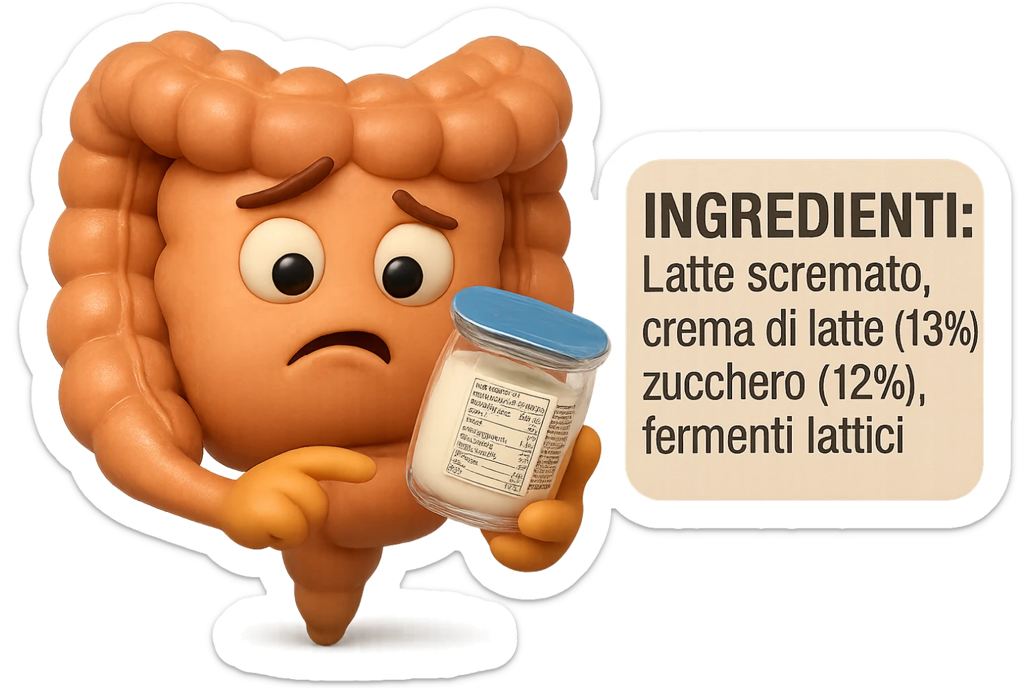 SU QUESTO STILE FAI UN EMOJI STILE IPHONE 3D DI UN INTESTINO CHE HA IN MANO UN BARATTOLO DI YOGURT CONFEZIONATO DA SUPERMERCATO E LEGGE L'ETICHETTA NUTRIZIONALE CON GLI INGREDIENTI IN ITALIANO, ACCANTO ALLO YOGURT CHE HA IN MANO C'è UN FOCUS SULL'ETICHETTA CON GLI INGREDIENTI SCRITTI, FAGLI UN ESPRESSIONE CONFUSA MENTRE LEGGE E FALLO MOLTO REALISTICO IN 3D sticker