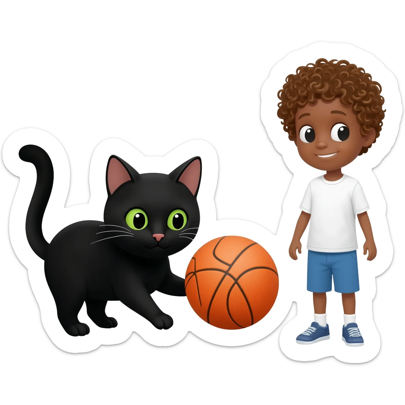 Black cat playing with orange basketball and a little white boy with curly hair sticker