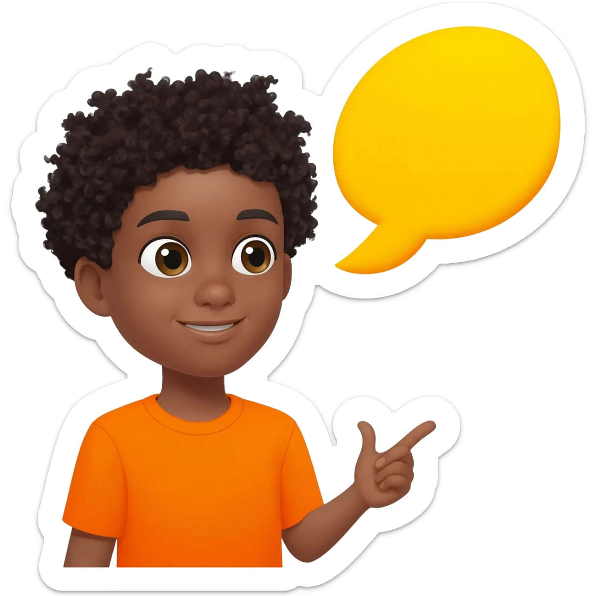 black boy curly hair orange shirt talking talk bubble sticker