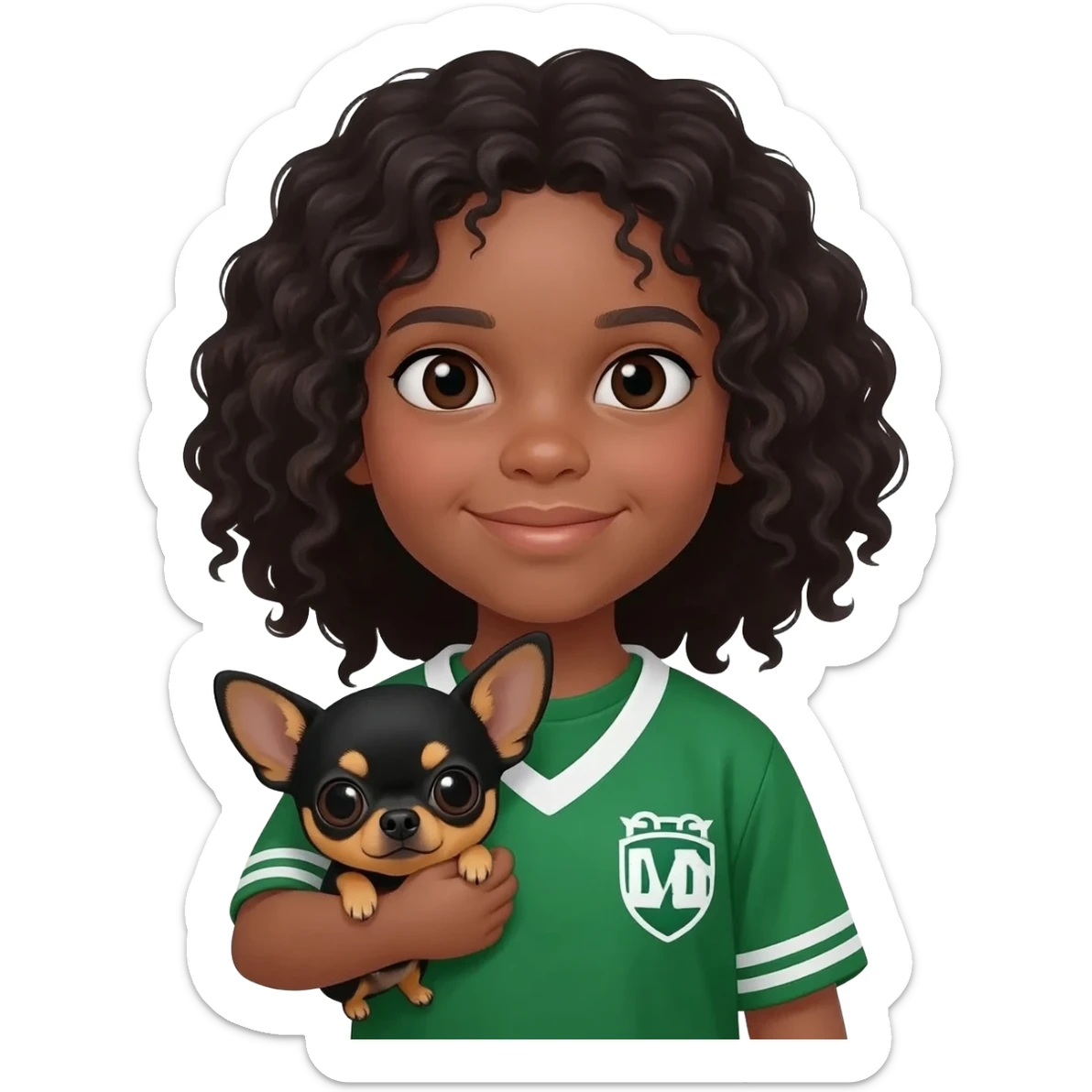 Une fille. Cheveux bouclée. Porte à maillot. Vert. Avec un chihuahua noir marron poil courut c'est une fille daisy et pour finir par apprend dans les brastous les 2. Avec sa maîtresse avec. Et moi mmatichienne sticker