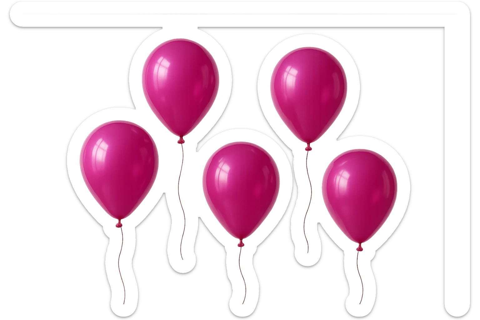 5 palloncini magenta fluttuano in aria isolati su sfondo bianco, iperrealistico 4k sticker