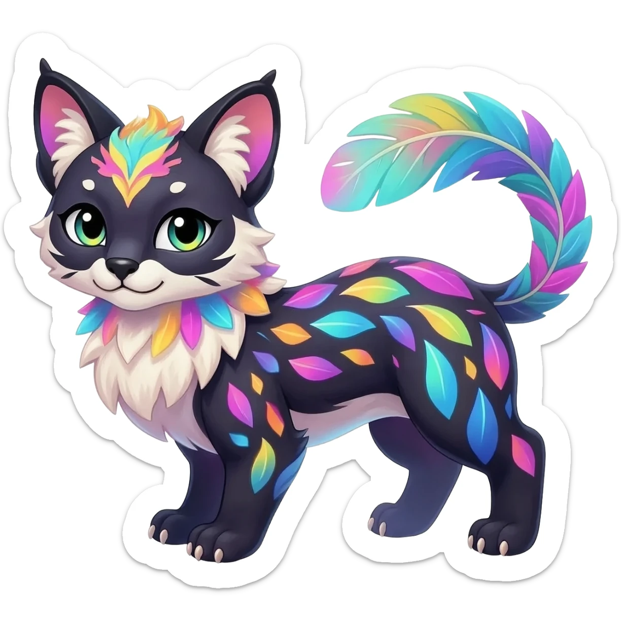 Colorful dark tropical feathery tribal pale light fruity pastel white glorious iridescent divine exotic cute cool beautiful beautiful fantasy-caracal-civet-genet-sergal-vernid-Gryphon-Cacomistle-Trico-oncilla-animal-Fakémon-hybrid-fursona (full body) sticker