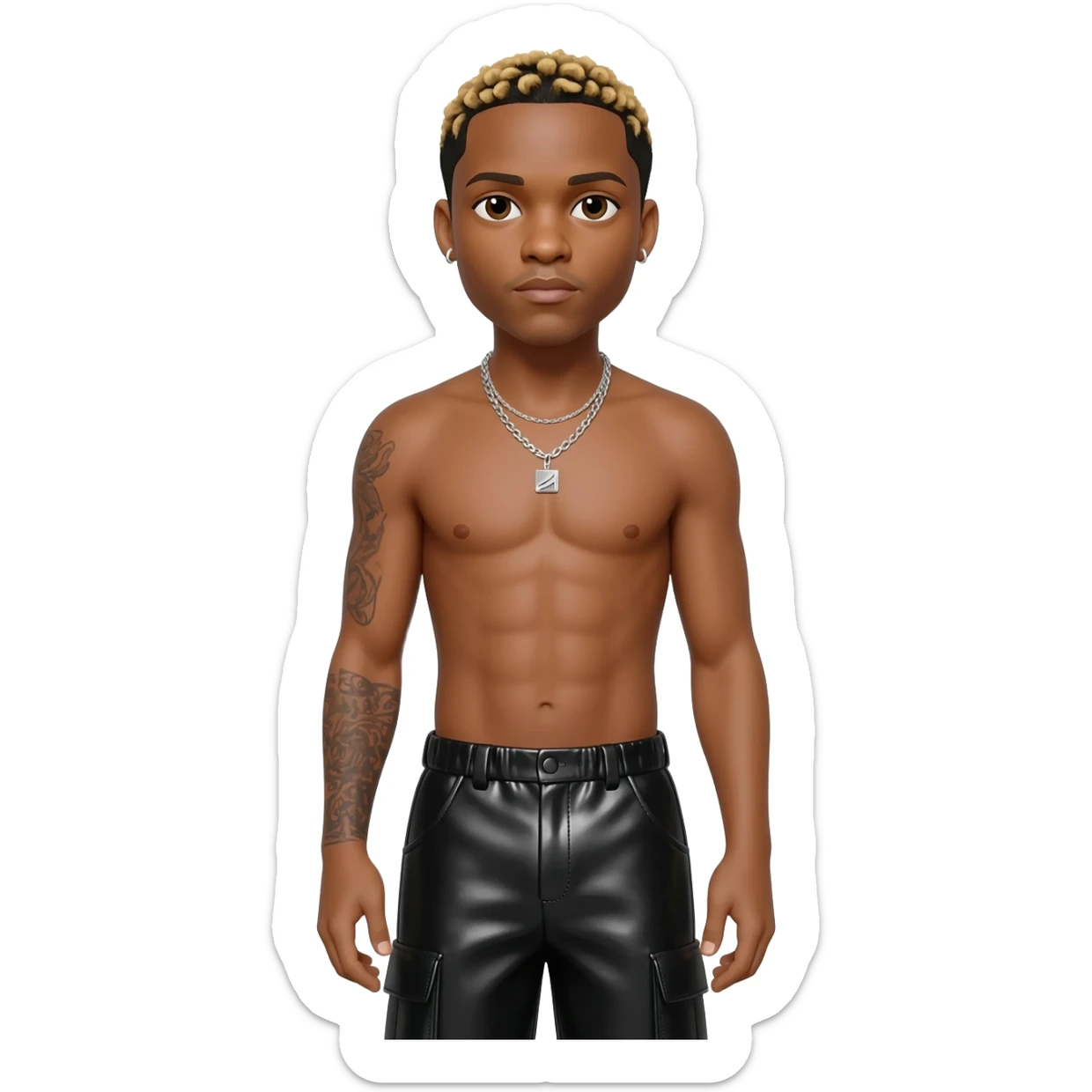 Chris Brown with dark blonde hair, black metallic baggy pants, shirtless with necklace sticker