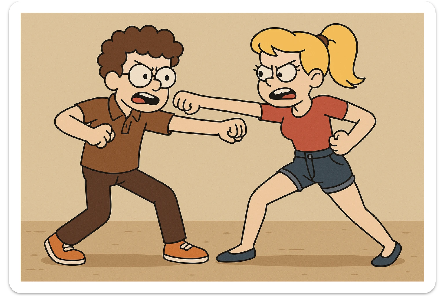 Fighting a boy brown Curly hair circle glasses Royal Pro polo brown jeans orange shoes and a girl Yellow ponytail hair red shirt high waisted dark blue denim shorts blue shoes sticker
