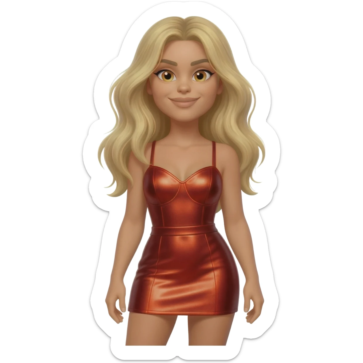 Lele Pons with light skin, long blonde hair, red metallic short dress sticker