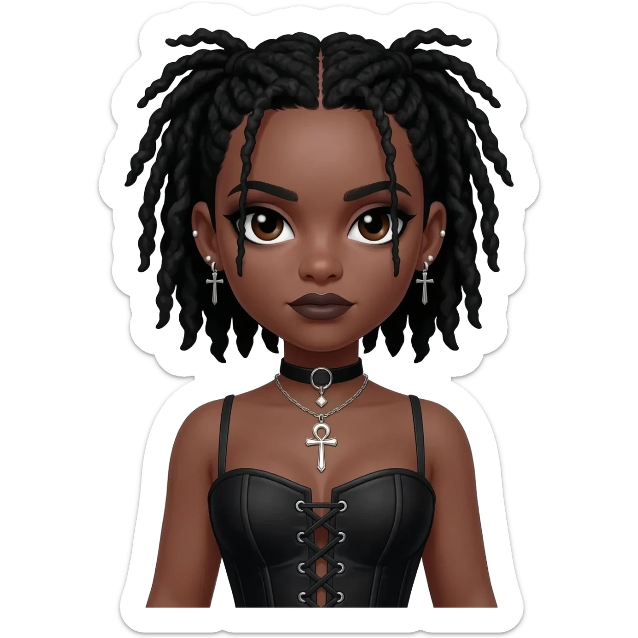 goth black girl with black corset, with brown skin, cross earrings, ankh necklace with center parted short black dreadlocks, whole white face paint sticker