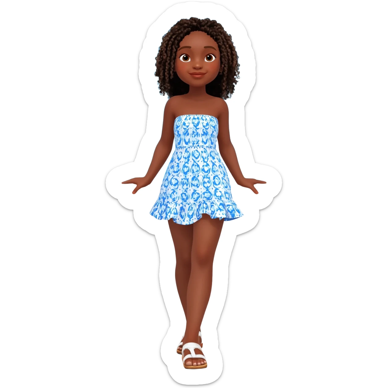 Dark-skinned Black girl with glowing skin and curly braided hairstyle, wearing a strapless blue and white patterned summer dress with a ruffled skirt and white sandals, standing against a white terrace wall soft blue sky, warm vacation vibe. sticker