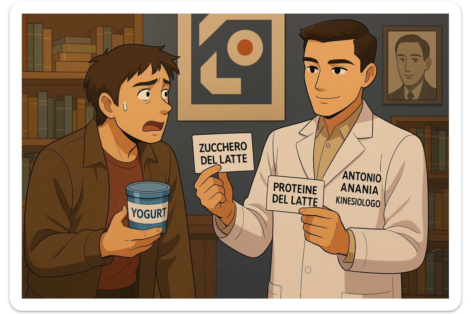 fai un webtoon manga a colori con questo stile, in cui un uomo fa una domanda al kinesiologo con il camice bianco (fagli anche la scritta "ANTONIO ANANIA" SUL CAMICE, l'uomo chiede una cosa mostrando un formaggio e uno yogurt al kinesiologo con il camice, IL KINESIOLOGO annuisce e SPIEGA ALL'UOMO UNA cos. L'UOMO ha un ESPRESSIONE CONFUSA IN VOLTO. non fare i fumetti però, fai solo in modo che sembri stiano parlando sticker